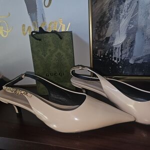 Gucci Women's Cream Slingback Heels with Gold Accent